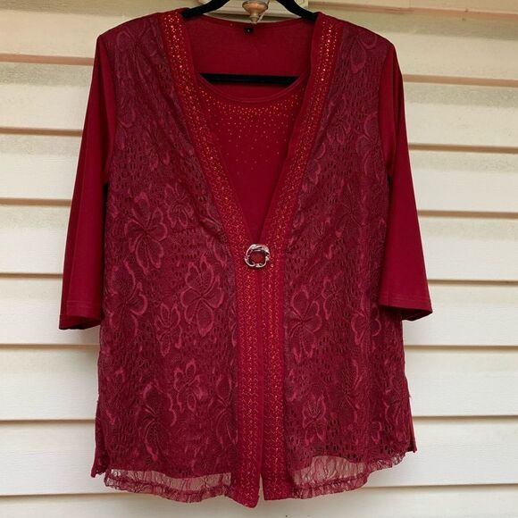 Argentinian red 2-in-1 long-sleeved sequin & lace blouse, elegant, beautiful, L - Picture 1 of 8